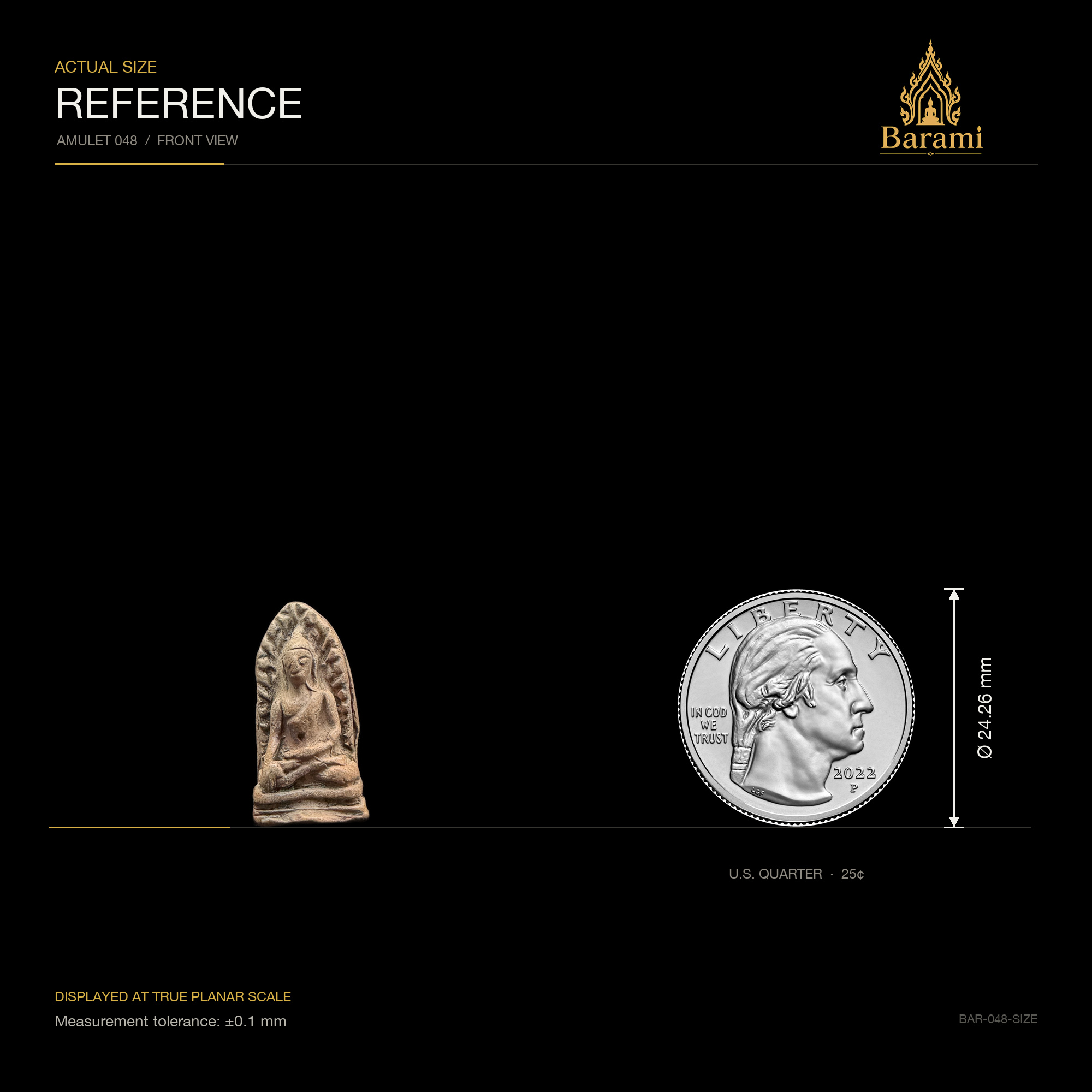 Phra Rod — Narrow Brown Ancient-Style Relief, size reference