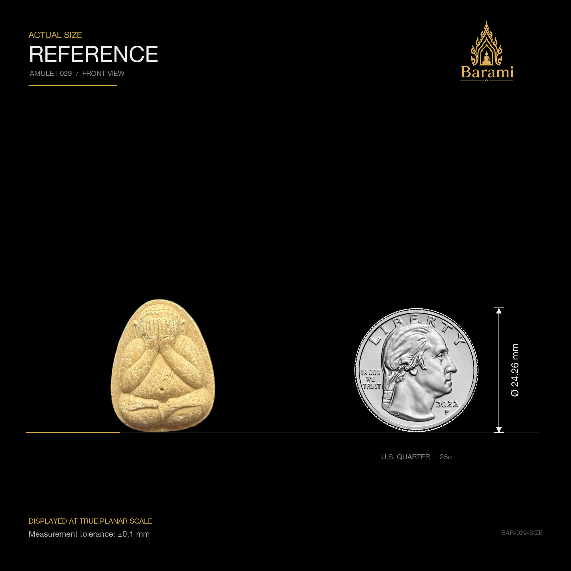 Phra Pidta — Golden Teardrop Yantra-Back Form, size reference